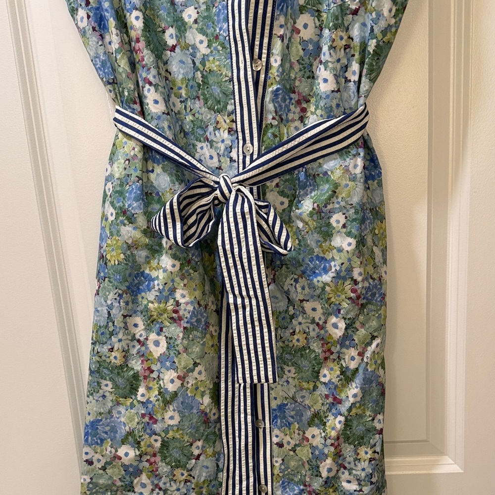 entro Blue and Green Floral Midi Dress with Striped Trim - Picture 4 of 5